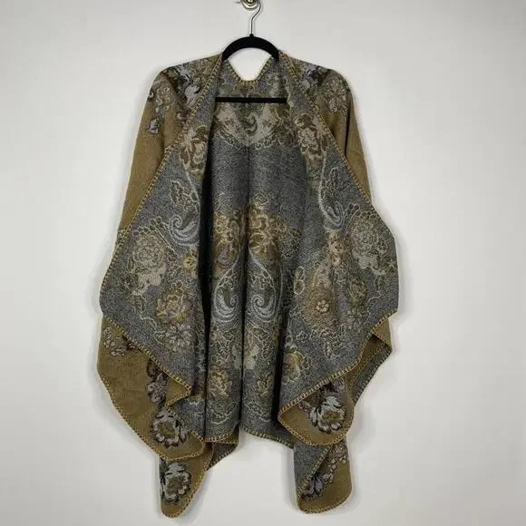 2/$30 NEW Boho Floral Ruana Oversized Open Wrap Poncho Blanket Scarf - Picture 7 of 10